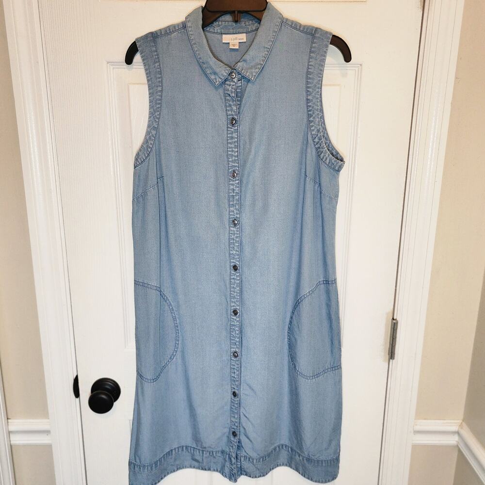 J. Jill Denim Medium Blue Relaxed Casual Sleeveless Button-Up Dress Pockets - Picture 2 of 8